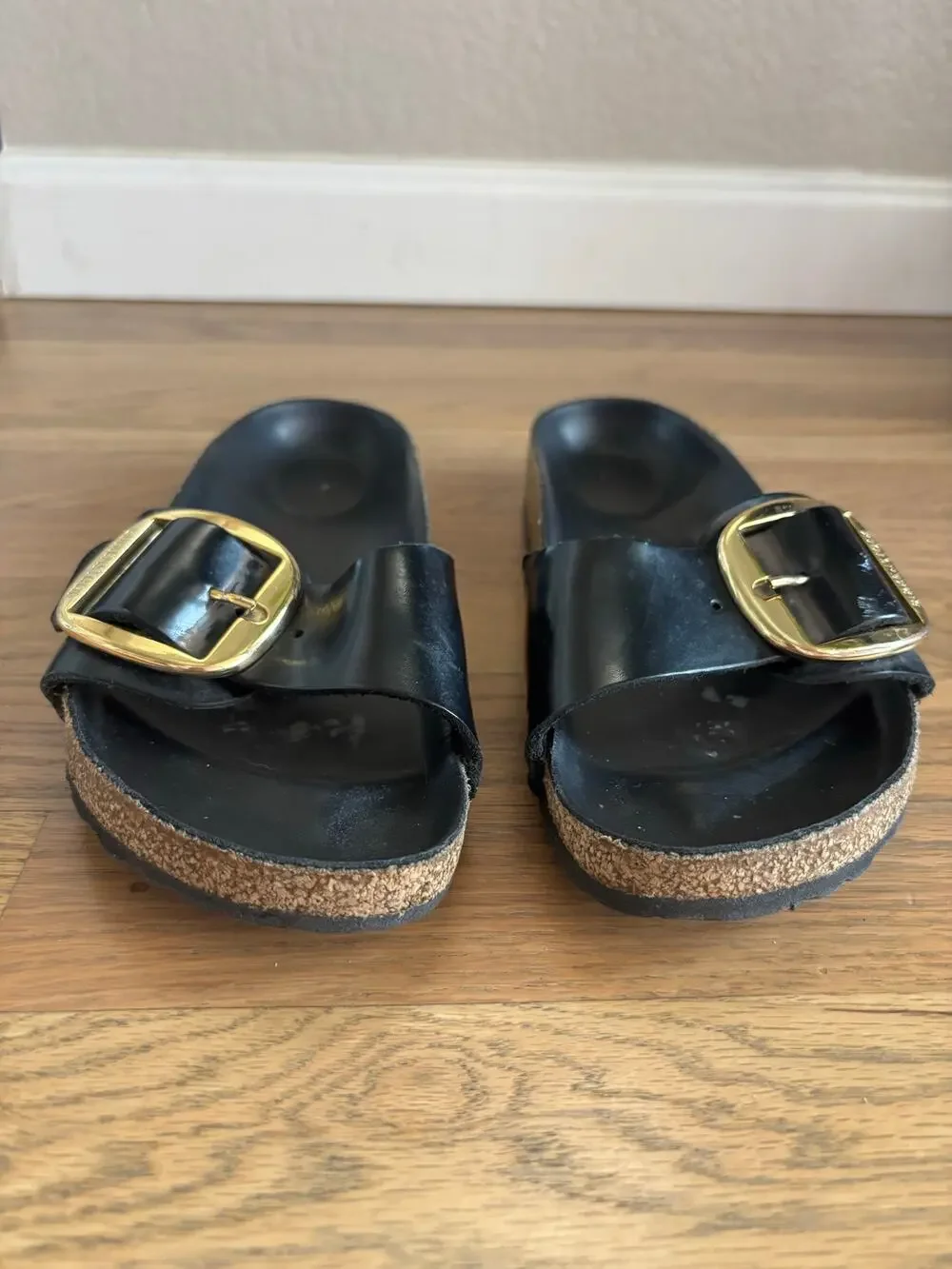 Birkenstock Madrid Big Buckle Sandals Black Leather Slip On Slide Women's Size 7